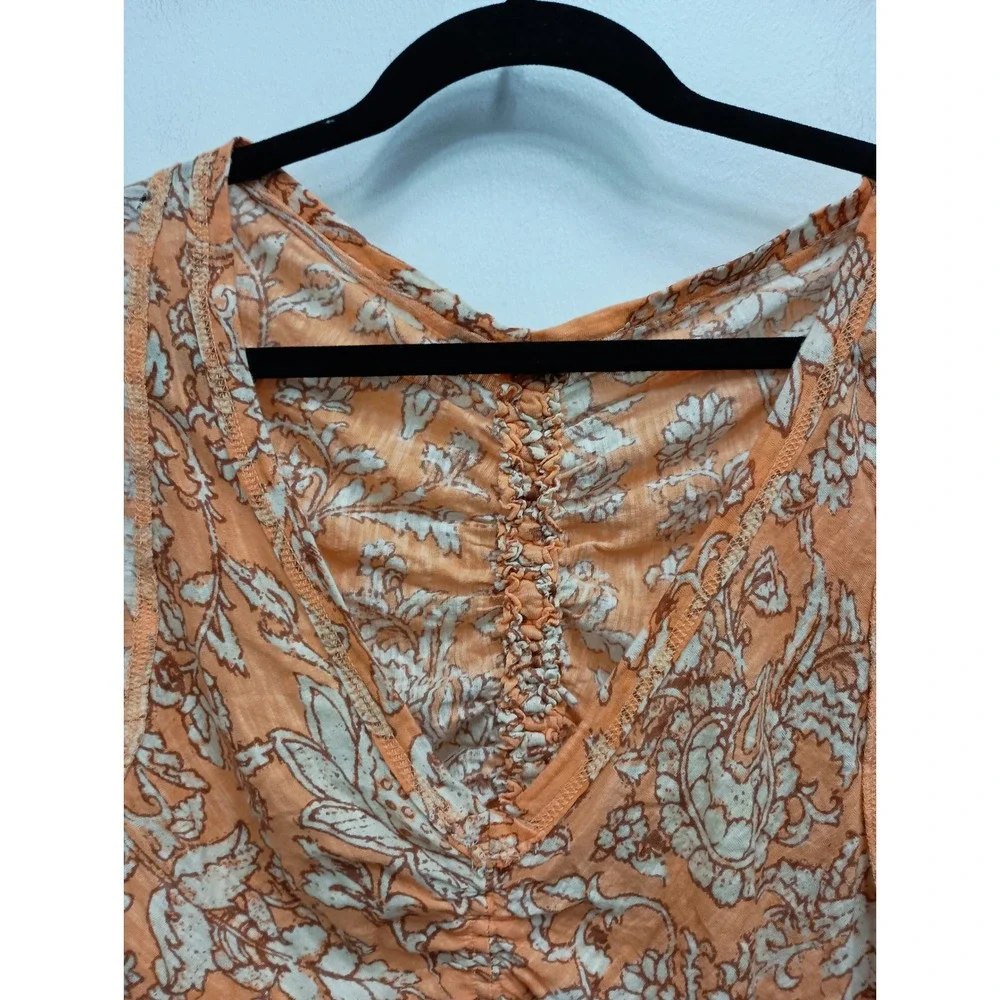Free People Say The Word Top Womens Medium Orange Floral‎ Ruched Boho V-Neck